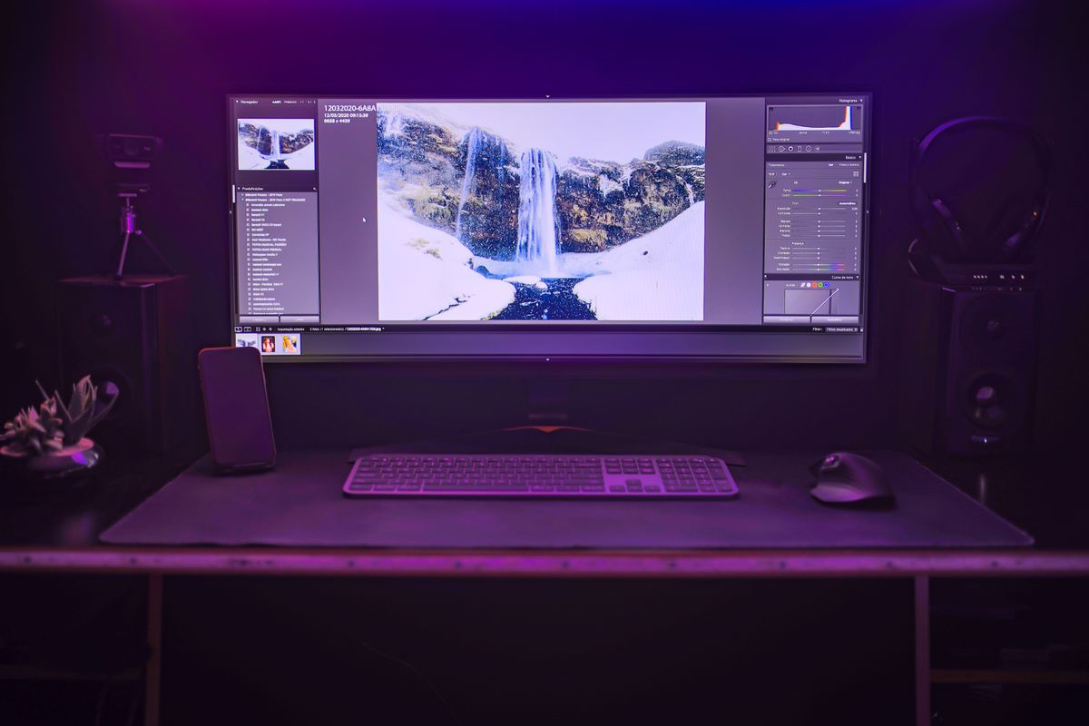 Editing workstation with monitor and keyboard
