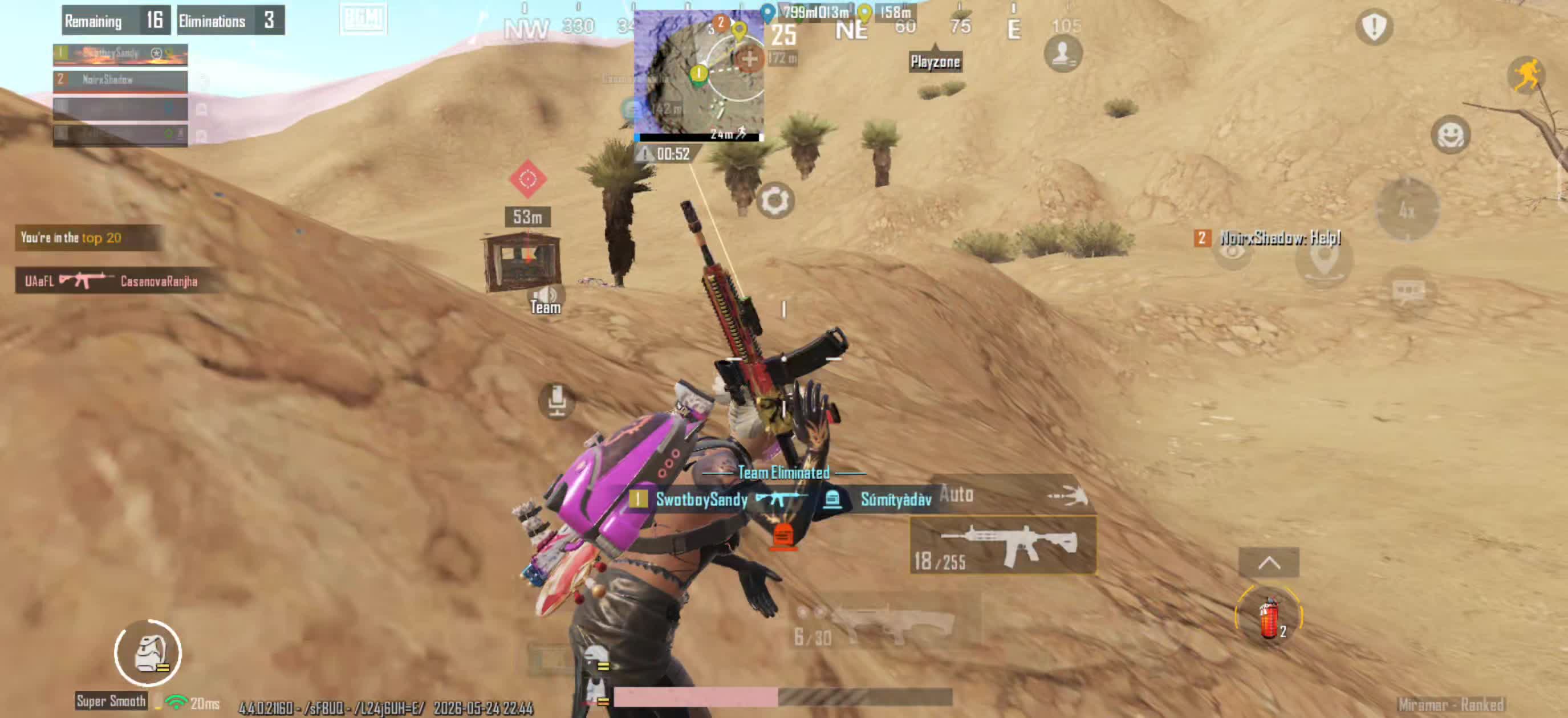 A BGMI Miramar gameplay frame showing the player's elimination banner after a desert fight