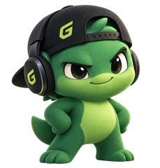 GamingCap mascot, a green dino in a gaming cap